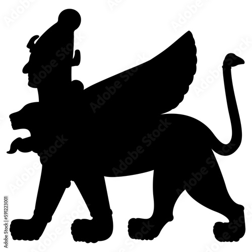Fantastic sphynx. Winged lion with human head. Ancient Syrian design from Karkemish. Mesopotamian mythology. Black silhouette on white background.