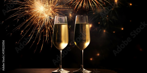 two glasses of champagne and fireworks . New year's evev. Generative AI