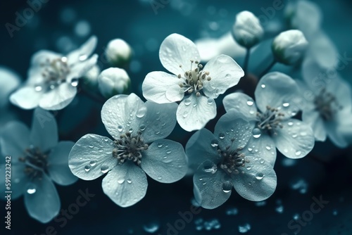 flowers in blue neon lighting  water drops AI