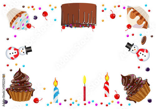 birthday cake with candles , birthday party elements.