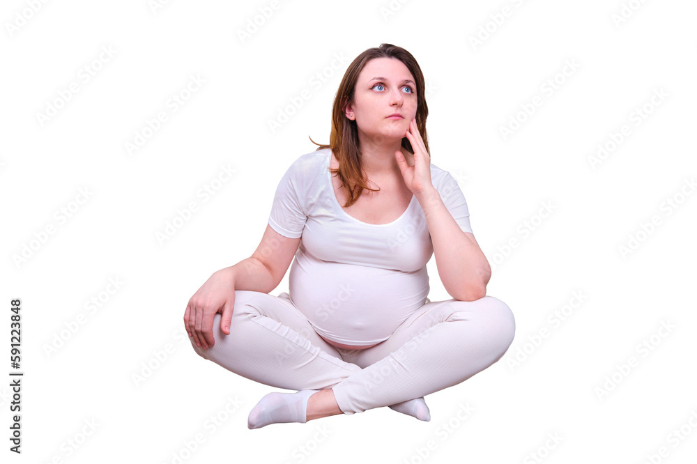 Depression and stress during pregnancy in a woman on a home bed. Problems and diseases in pregnant women, isolated on a white background Depression and stress during pregnancy in a woman on a home bed. Problems and diseases in pregnant women, isolated on a white background