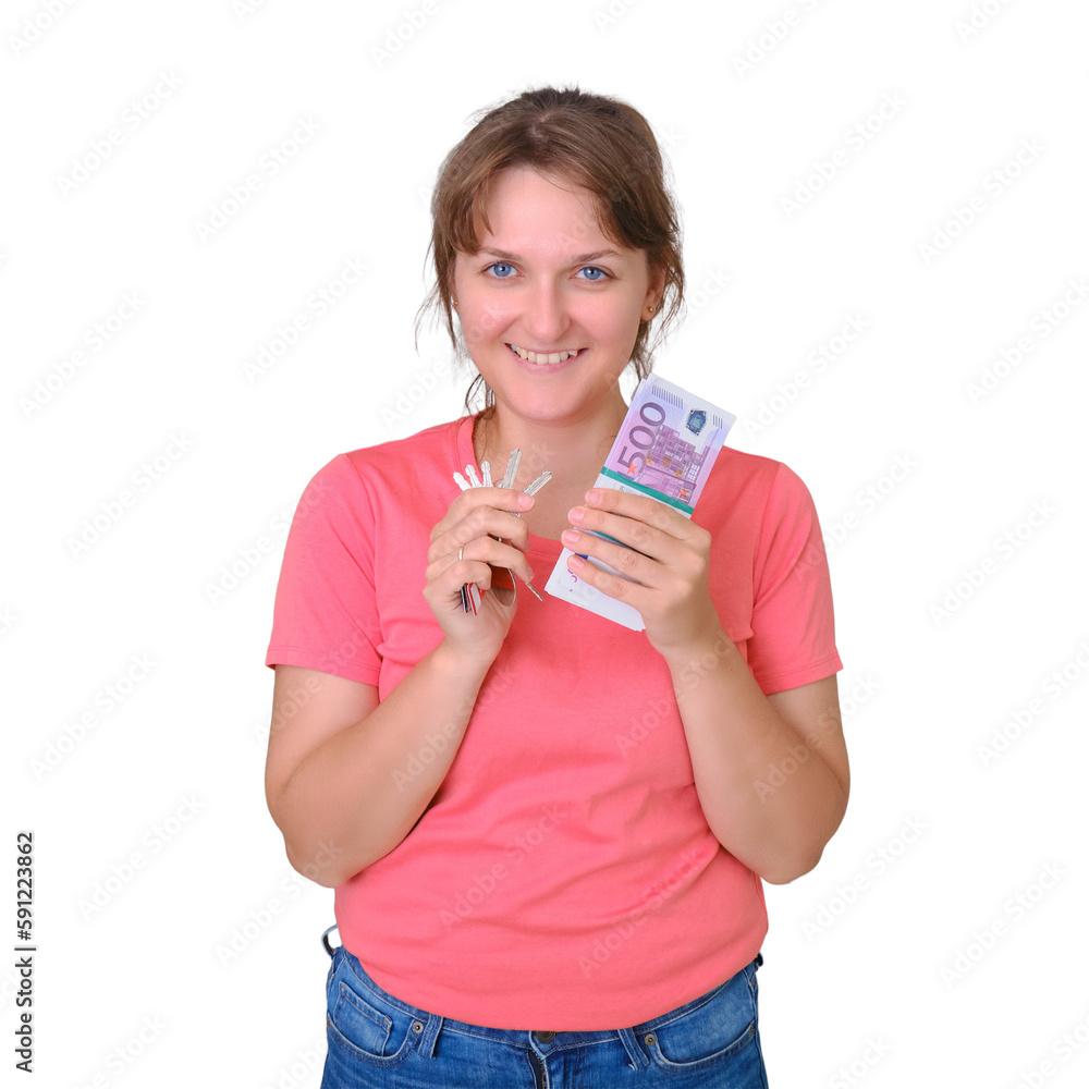 Buying a new house for money, empty walls and a room without repair, isolated on a white background. The woman smiles with the keys to the new apartment and the Euro in his hands. Buying a new house for money, empty walls and a room without repair, isolated on a white background. The woman smiles with the keys to the new apartment and the Euro in his hands.