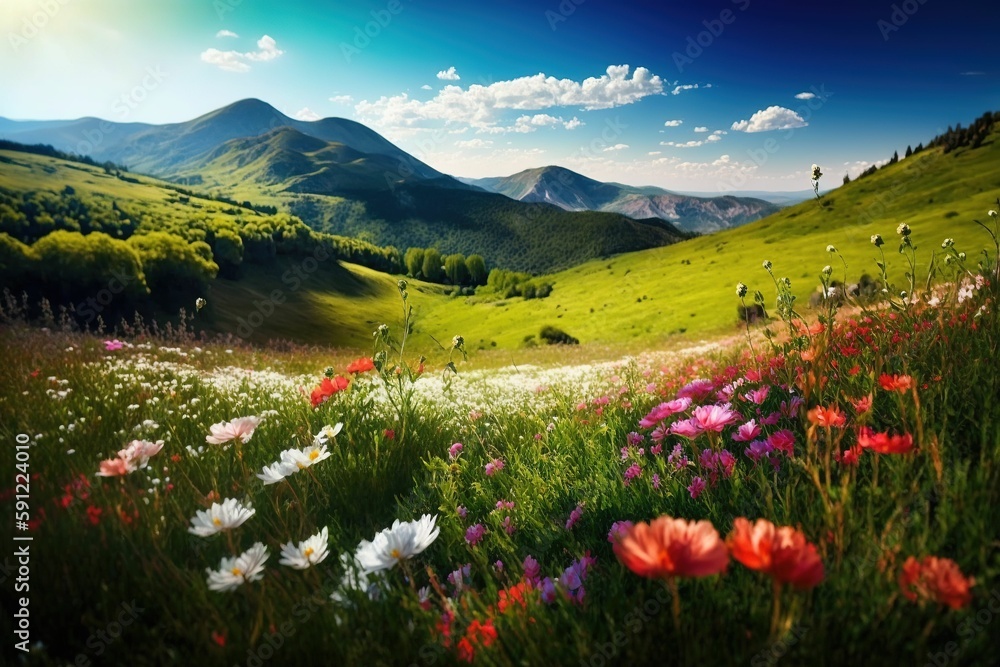 Abundance of flowers in a green field. Small zone of focus in a natural landscape.