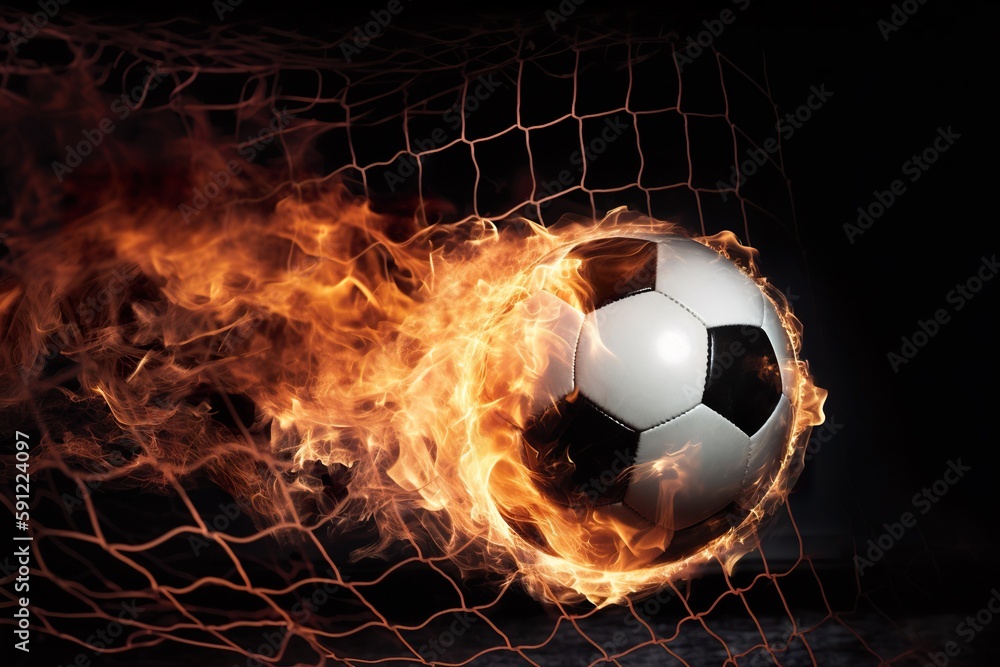 Naklejka premium Close up of a fiery soccer ball kicked with power at the stadium