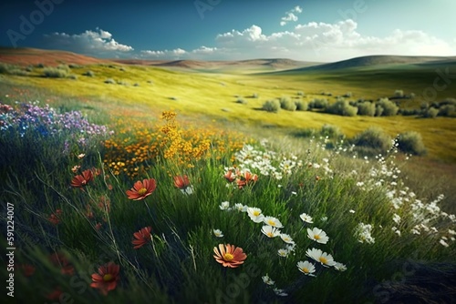 Abundance of flowers in a green field. Small zone of focus in a natural landscape.