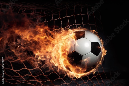Fotografie Close up of a fiery soccer ball kicked with power at the stadium