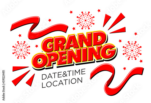 Grand opening invitationt template with burst of firework. Ribbon cutting ceremony. Vector on transparent background