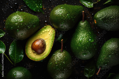 Fresh half cut avocado on black background  topdown fruit photography  professional food photography  health and organic concept  AI generated