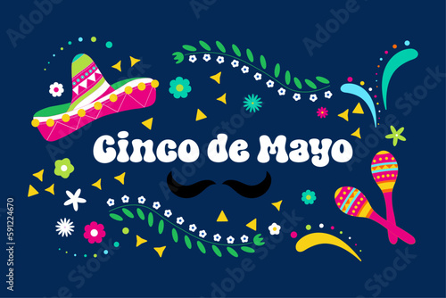 Vector illustration for Cinco de Mayo with lettering, sombrero, maracas and flowers. Bright and fun holiday background on dark blue backdrop