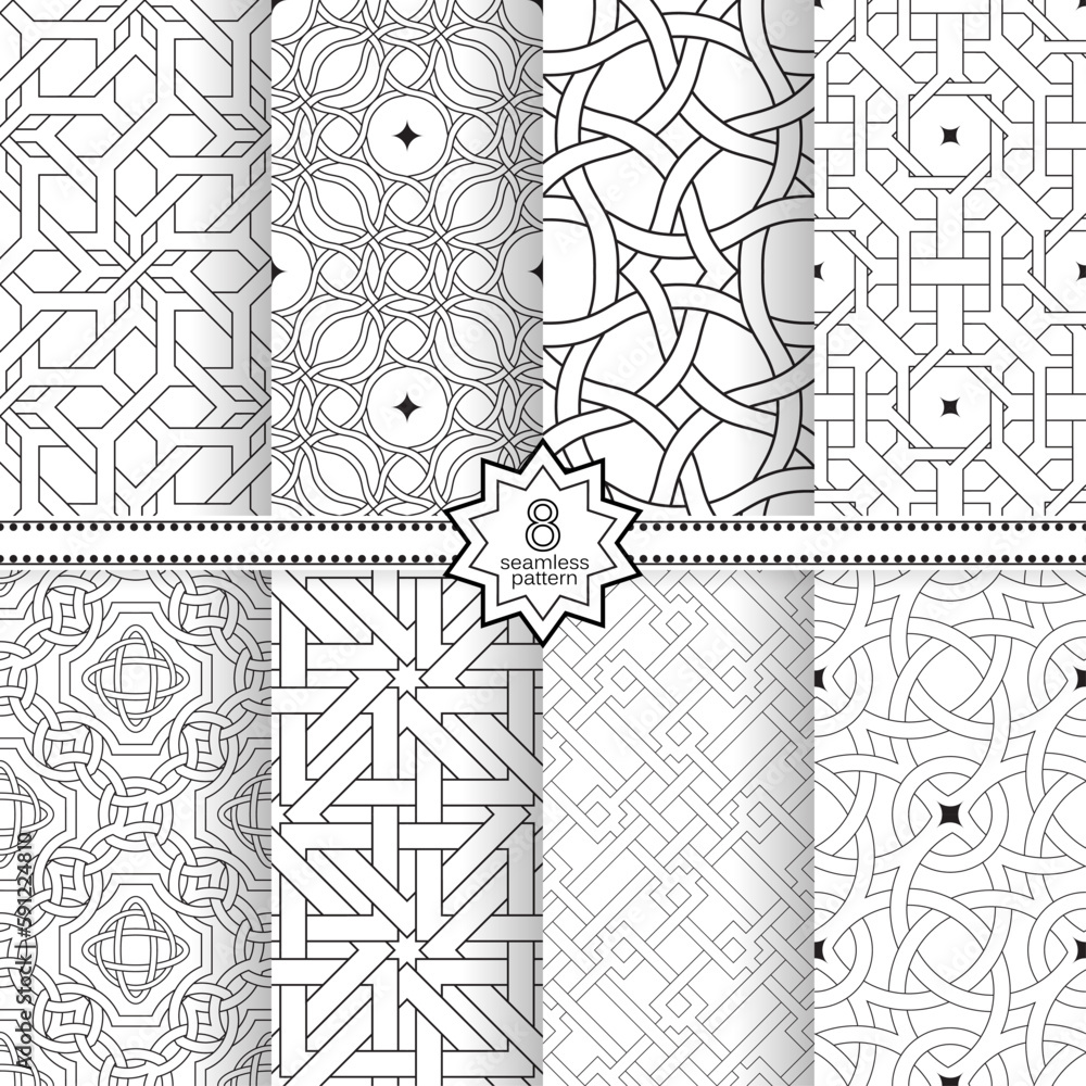 Fototapeta premium A set of vector seamless patterns. Modern geometric textures. Monochrome, linear.