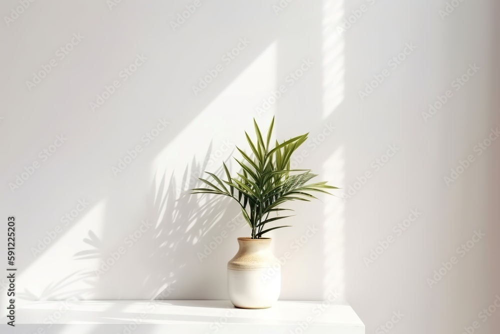 Interior mockup with plant in vase on empty white wall for neutral decor style, Generative AI