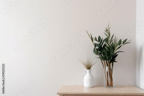 Neutral living space interior design with plant in vase on empty white wall mockup  Generative AI