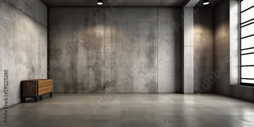 Minimalist living space with industrial concrete flooring, Generative AI