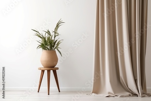 White wall background with brown curtain, plant and wood floor mockup, Generative AI