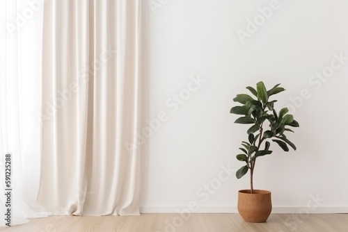 White wall mockup with wooden floor, green plant and brown curtain, Generative AI
