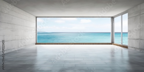 Room with bare concrete walls and sea view in the background, Generative AI