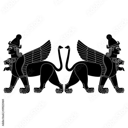 Symmetrical ethnic design with two fantastic sphynxes. Winged lions with human heads. Ancient Syrian design from Karkemish. Mesopotamian mythology. Black and white silhouette.