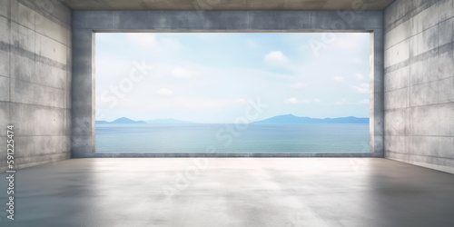 An empty space with a concrete wall and panoramic view of the ocean, Generative AI