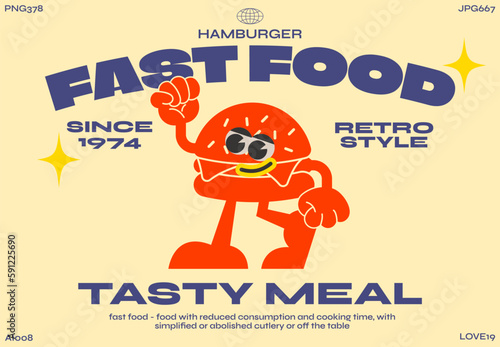 Cartoon characters retro hamburger 90s. Trandy poster. funny colorful doodles in hippie style. Vector groovy illustration with typography