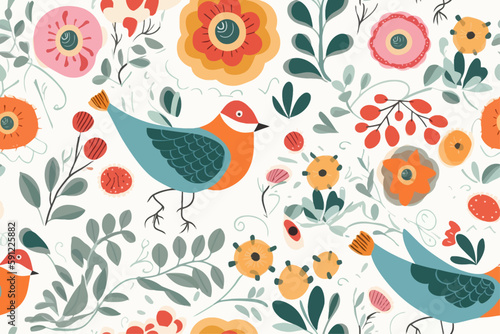 Flower and bird seamless pattern, colorful flora and folk birds