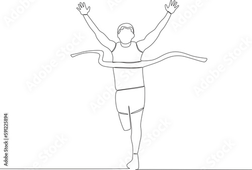 A happy male athlete wins a running race. Finish line one-line drawing
