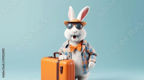 Easter bunny man traveling with suitcase. Funny Easter holidays. Created with Generative AI technology.