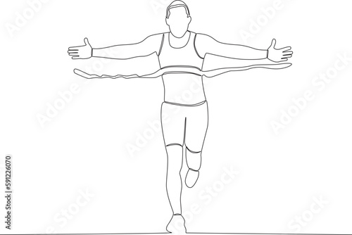 A man running while stretching his arms. Finish line one-line drawing