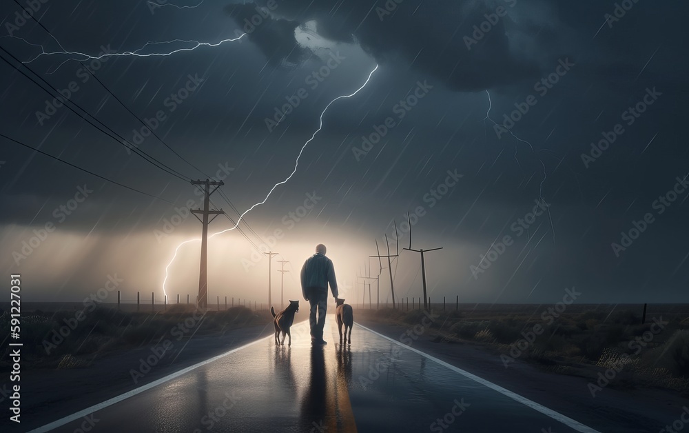 person walking in the rain towards a storm  heavy lightning
