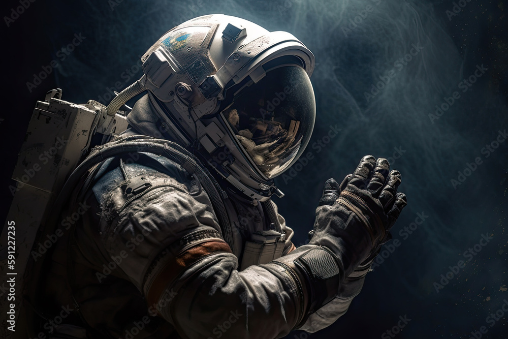 An astronaut in outer space to pray to the Lord. Cosmonaut with his hands folded in front of his face in prayer