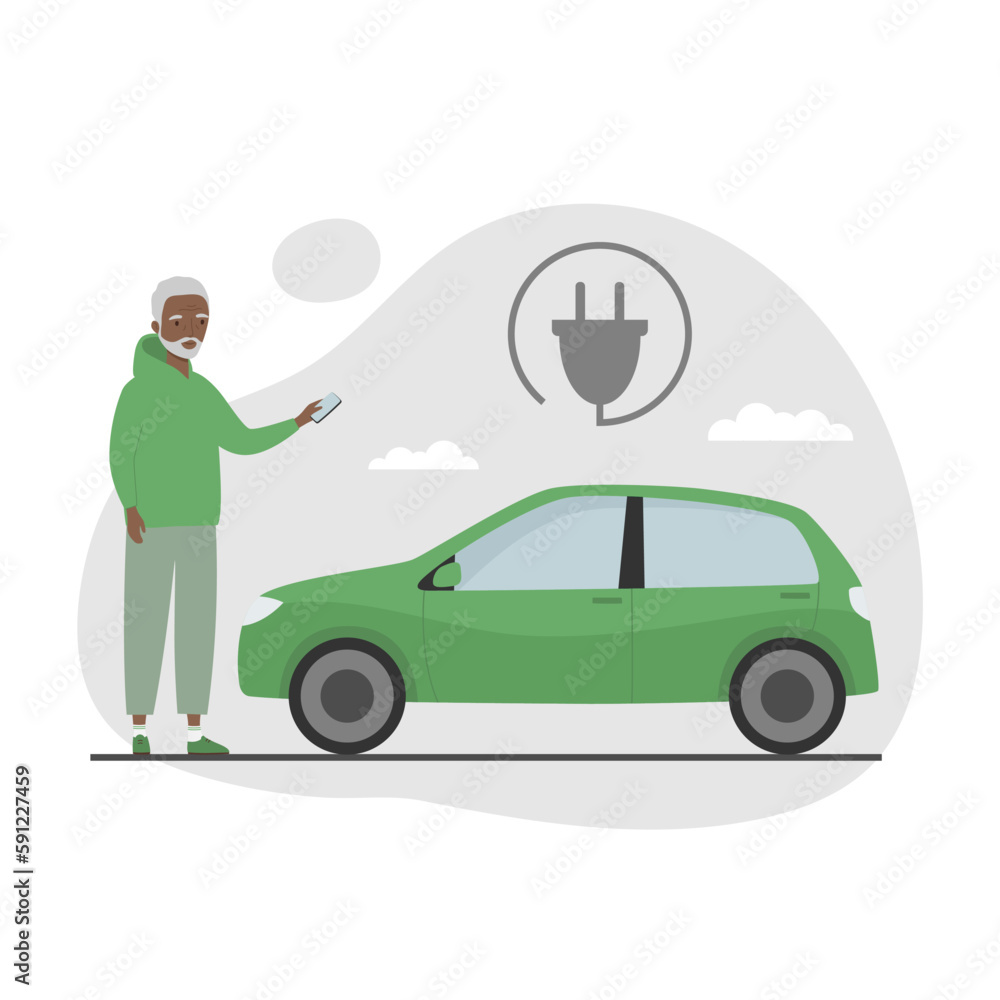 Senior man with smartphone charges his car. Green electricity energy consumption concept. Flat cartoon style
