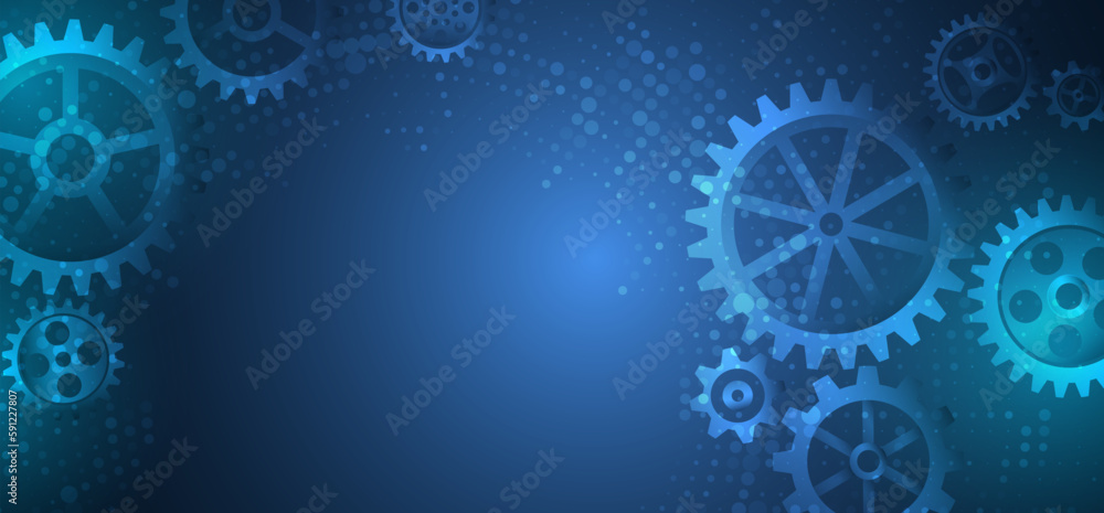 Business and industry internet banner. The mechanism consisting of gears on a blue background for the presentation. Cogwheel for science experiment presentation. Futuristic high tech concept.