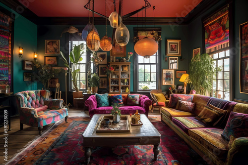 Maximalist Living Room with bright colorful fabrics and textures.  Interior lighting, overhead lamps and big windows.   photo