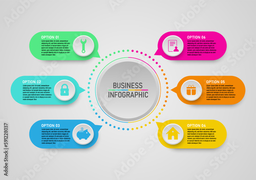 business infographic square option multi colored circles with center icons and circle dots gray gradient background design for marketing, finance, investment, product, project, planning