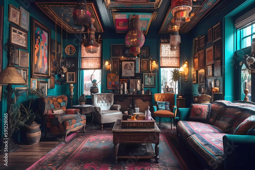Maximalist living space with bright colors and textures. 