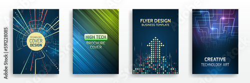 Technology covers corporate documents. Layout template science designs. Brochure, flyer, book, annual report. Blue hi-tech vector illustrations for business presentations. Futuristic business posters.