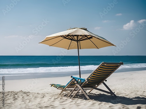 Beach chair on the sandy beach Sea view. ai generative