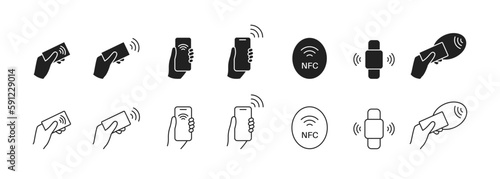 nfc wireless payment icon set. Black and outline. Vector EPS 10 photo