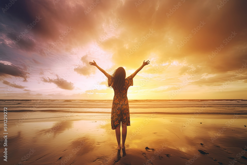 A happy woman greeting the sun with raised arms at the beach
