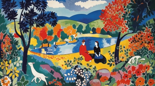 Wallpaper Mural Rural landscape with lake, autumn and wildlife, lamb, two people and plants Torontodigital.ca