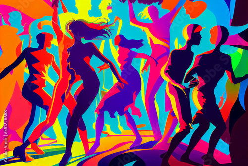 Colorful group people are dancing in abstract silhouette for festival background. Illustration. Generative AI