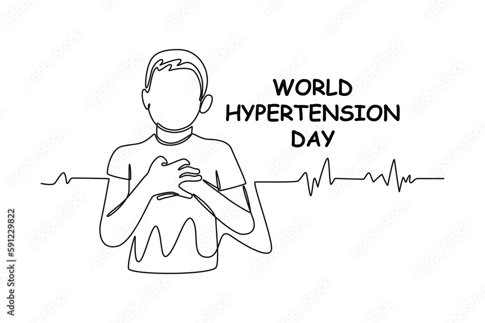 Continuous one-line drawing boy hold chest pain. World hypertension day concept single line draws design graphic vector illustration Continuous one-line drawing boy hold chest pain. World hypertension day concept single line draws design graphic vector illustration