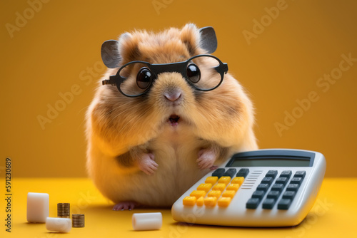 Shocked cute hamster in glasses with surprised eyes and calculator, created with Generative AI technology photo