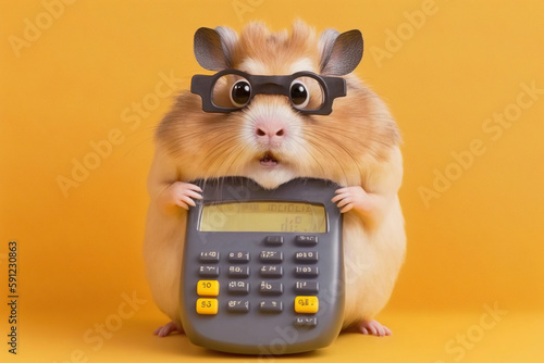 Shocked cute hamster in glasses with surprised eyes and calculator, created with Generative AI technology photo