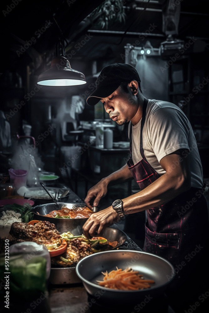Generative AI illustration of street chef in Bangkok Thailand cooks up a dish for happy customers at the night market Generative AI illustration of street chef in Bangkok Thailand cooks up a dish for happy customers at the night market