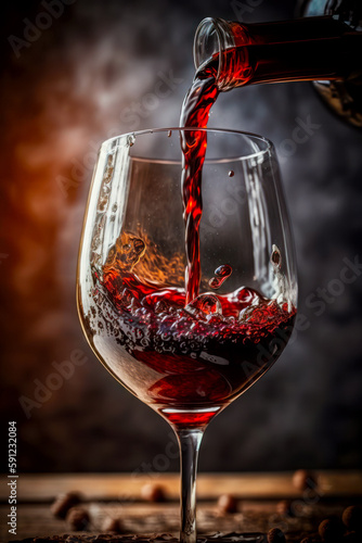 Glass of red wine being poured into wine glass with red wine being poured into it. Generative AI.