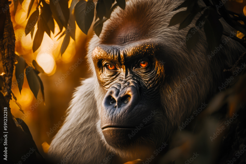 Close up of monkey with orange eyes and bush in the background. Generative AI.