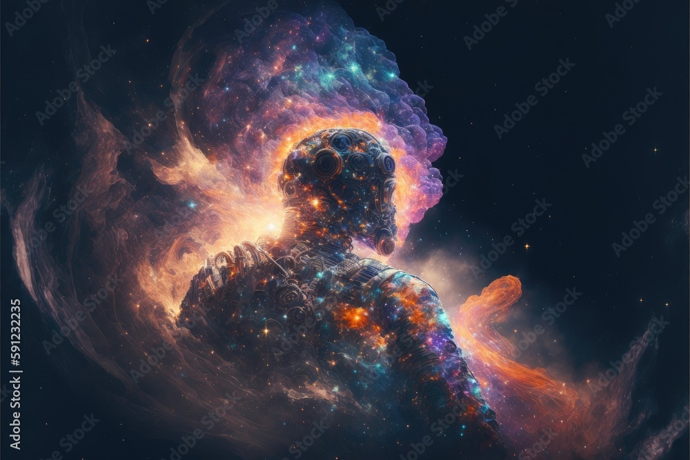 Surreal image of astronaut with floating intrinsic iridescent in nebula ...