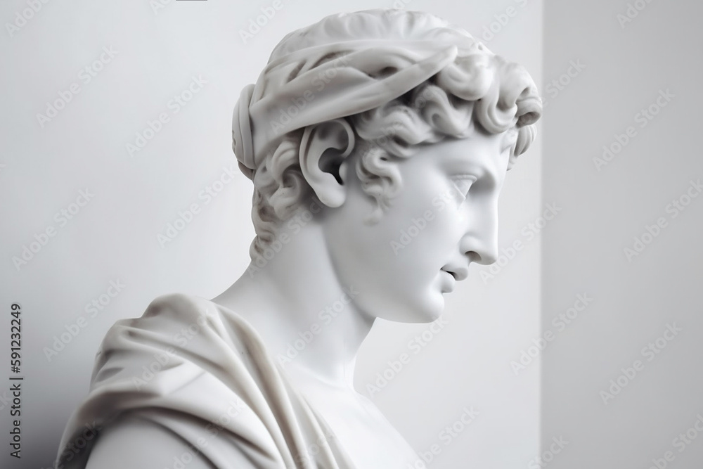 Ancient marble statue of a young man near empty wall. Greek sculpture with copy space for text. Antique sculpture, plaster sculpture. AI generated.