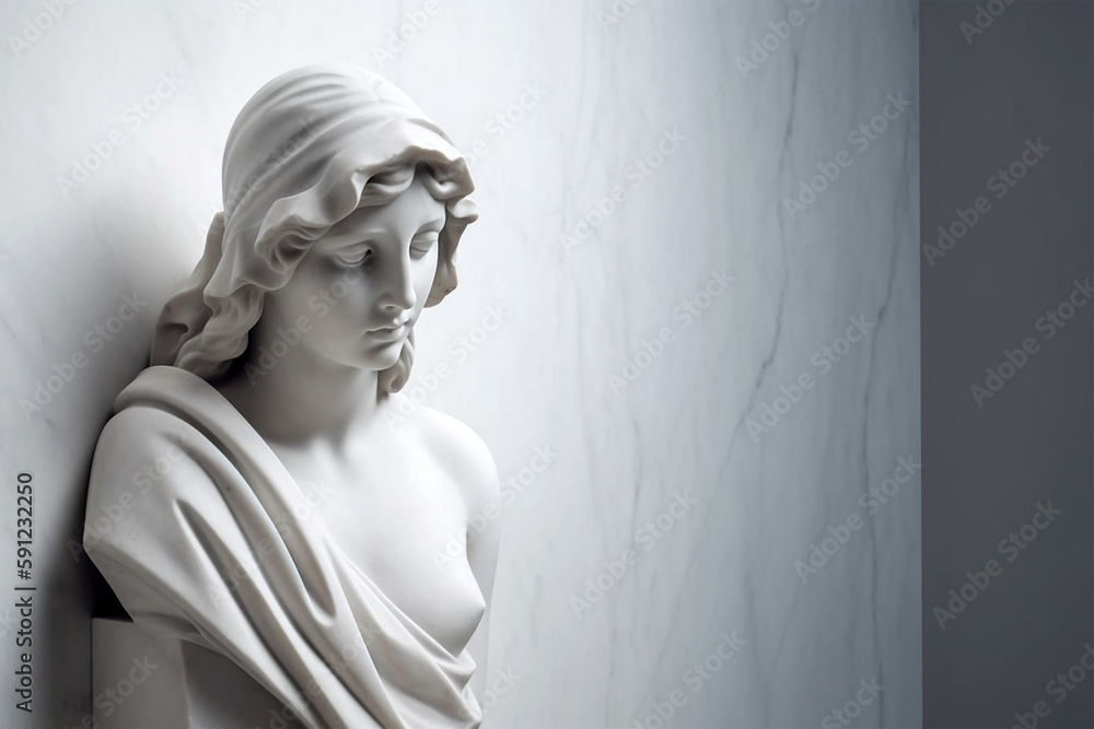 Naklejka premium Ancient marble statue of a young woman near empty wall. Greek sculpture with copy space for text. Antique female sculpture, bust, plaster sculpture. AI generated image.