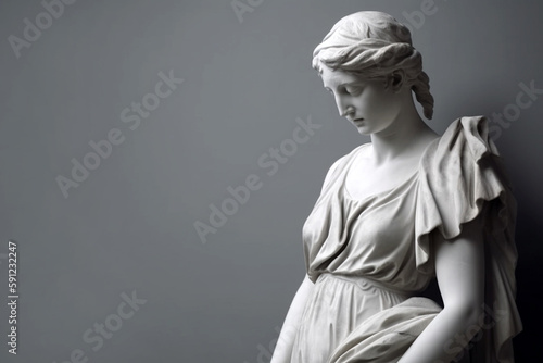 Ancient marble statue of a young woman near empty wall. Greek sculpture with copy space for text. Antique female sculpture, bust, plaster sculpture. AI generated image.